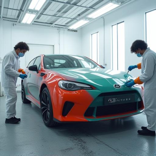 A car being prepped for a custom vinyl wrap in a clean booth.