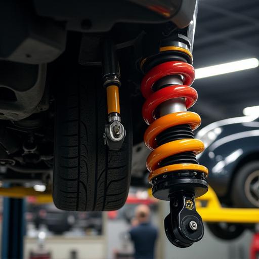 A performance coilover being installed on a vehicle.