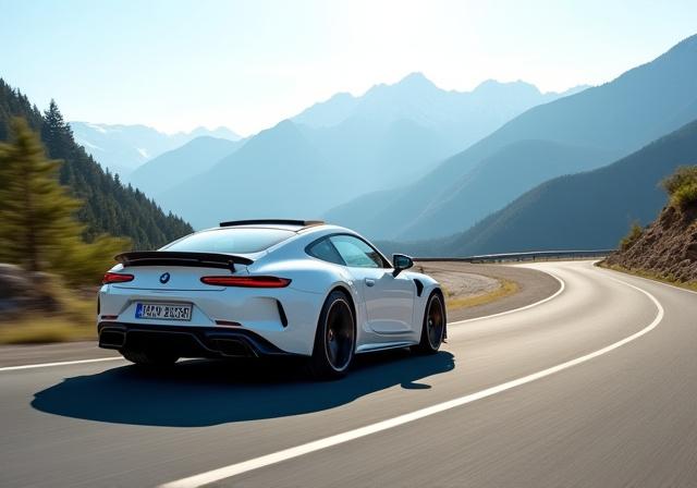 A white BMW M3 on a scenic mountain road.