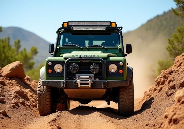 A green Land Rover Defender equipped for off-roading in a rugged terrain.