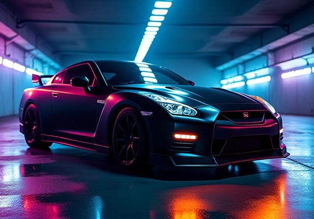 A satin black Nissan GT-R parked in a neon-lit underground garage.