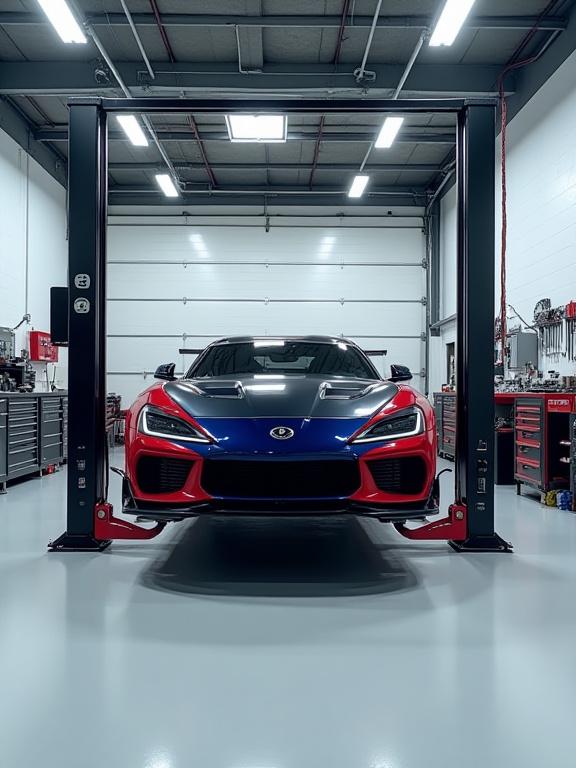 The clean and organized Anchor Speed workshop with a car on a lift.